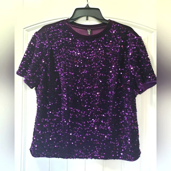 Purple Sequin Short Sleeve Women's Top Size Large by Allegra K New - Picture 1 of 4